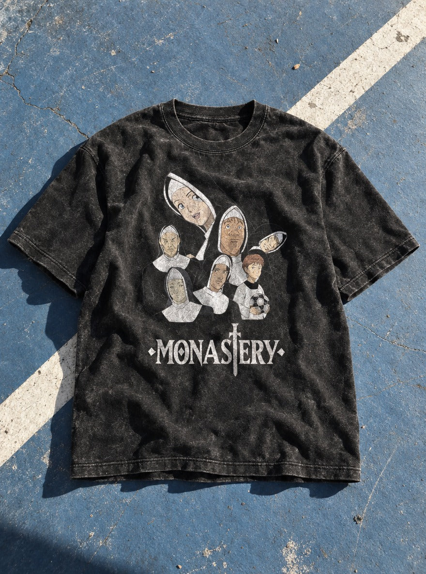 Monastery – Black Acid Wash Tee – flat-lay | Meme Tees