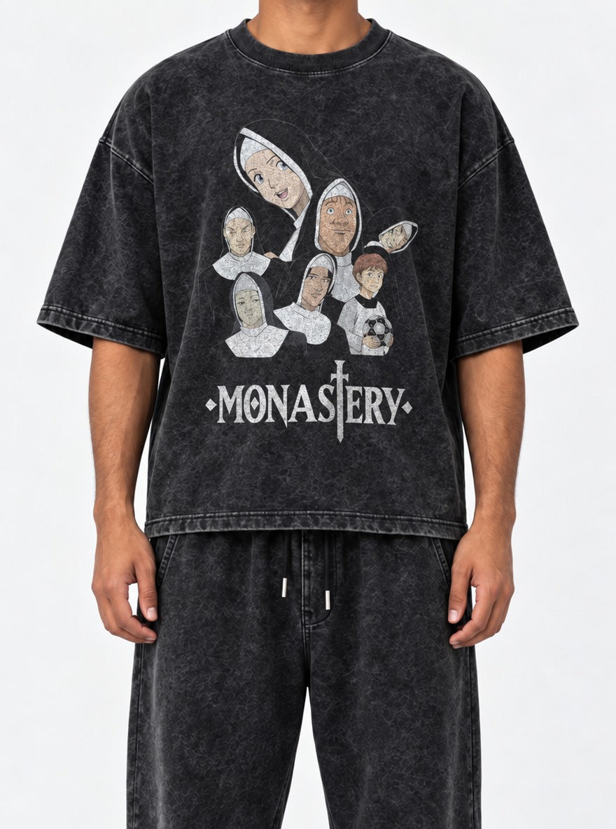 Monastery – Black Acid Wash Tee – model shot | Meme Tees