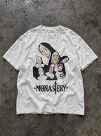 Monastery – White Tee – flat-lay | Meme Tees
