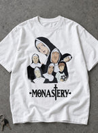 Monastery – White Tee – flat-lay | Meme Tees