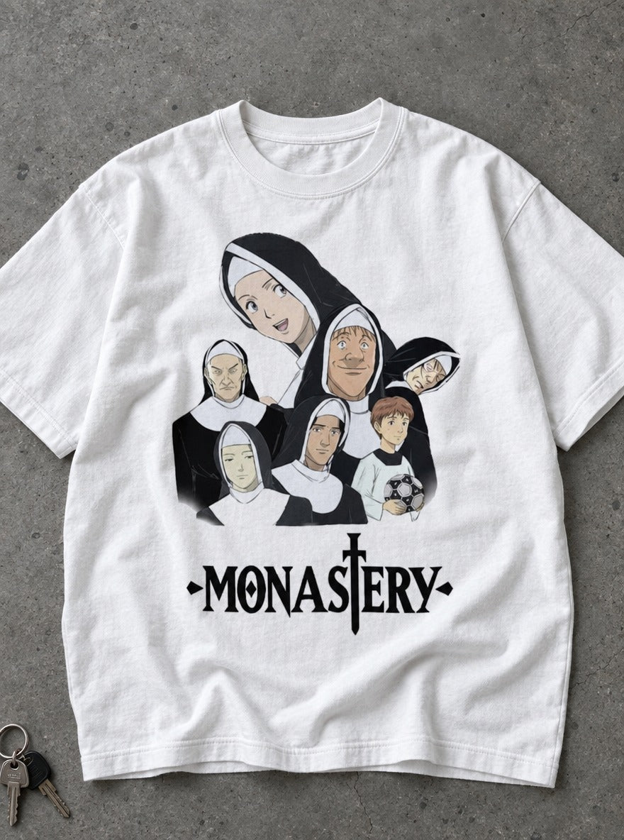 Monastery – White Tee – flat-lay | Meme Tees