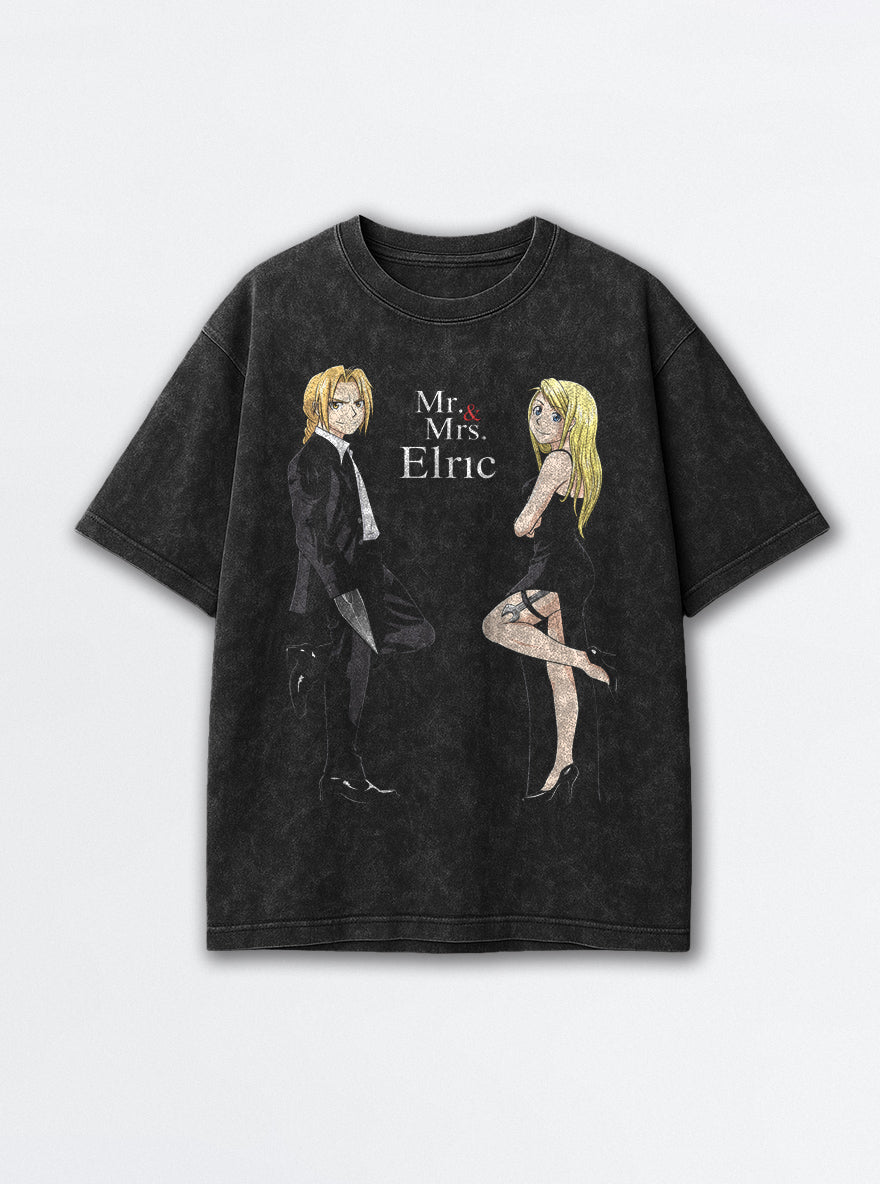 Mr. & Mrs. Elric – Black Acid Wash Tee – mockup | Meme Tees