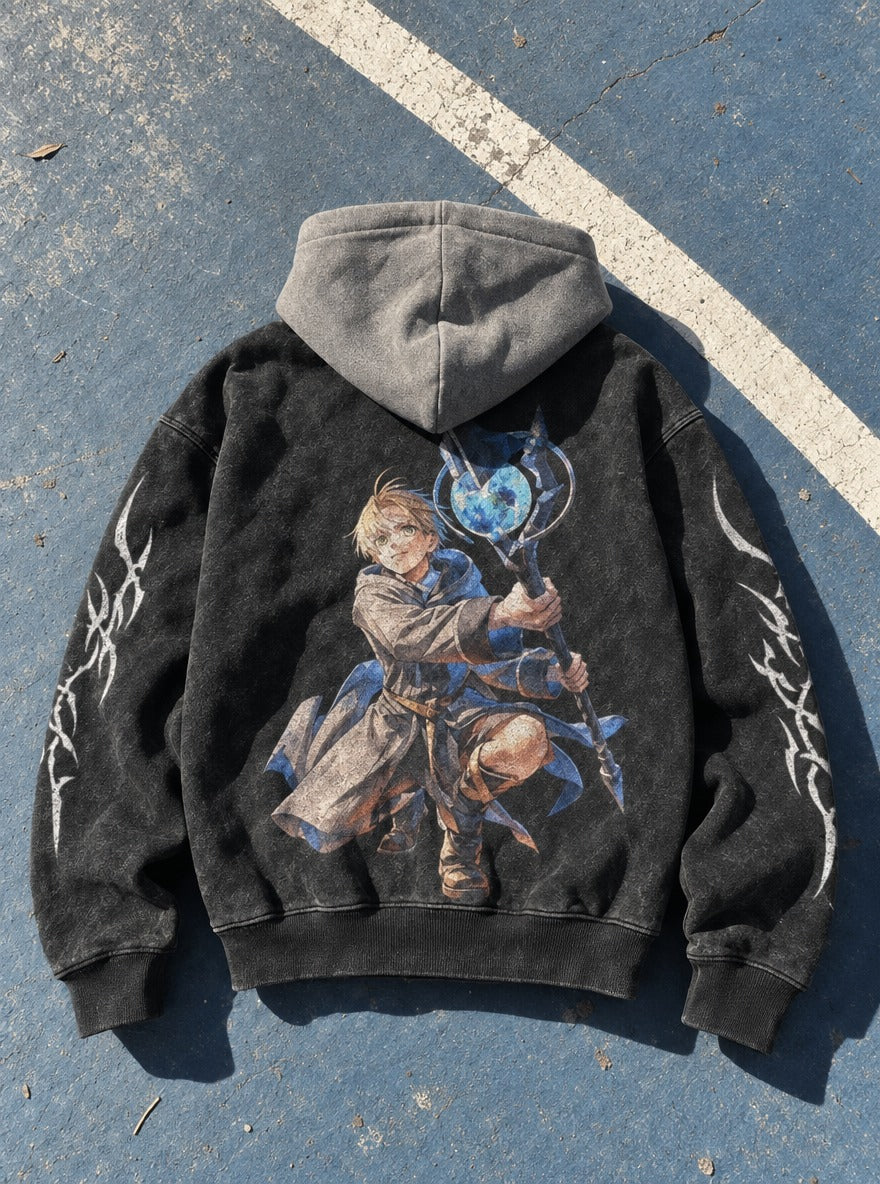 Arcane Reach – Black & Grey Hoodie – flat-lay | Mushoku Tensei
