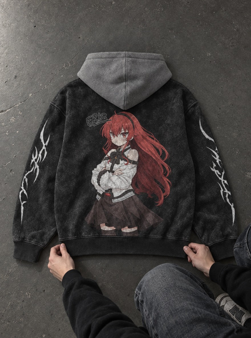 Crossed Flame – Black & Grey Hoodie – flat-lay | Mushoku Tensei