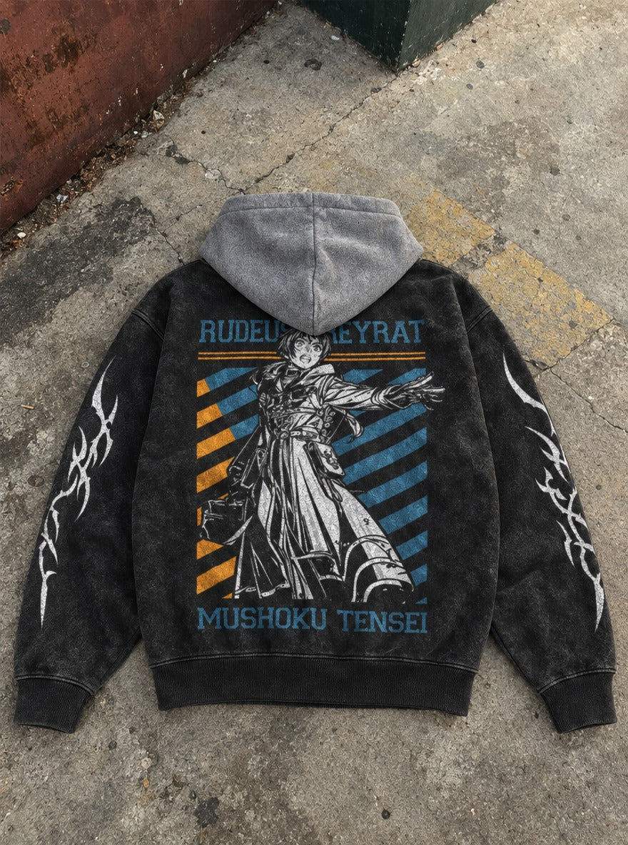 Reaching Resolve – Black & Grey Hoodie – flat-lay | Mushoku Tensei