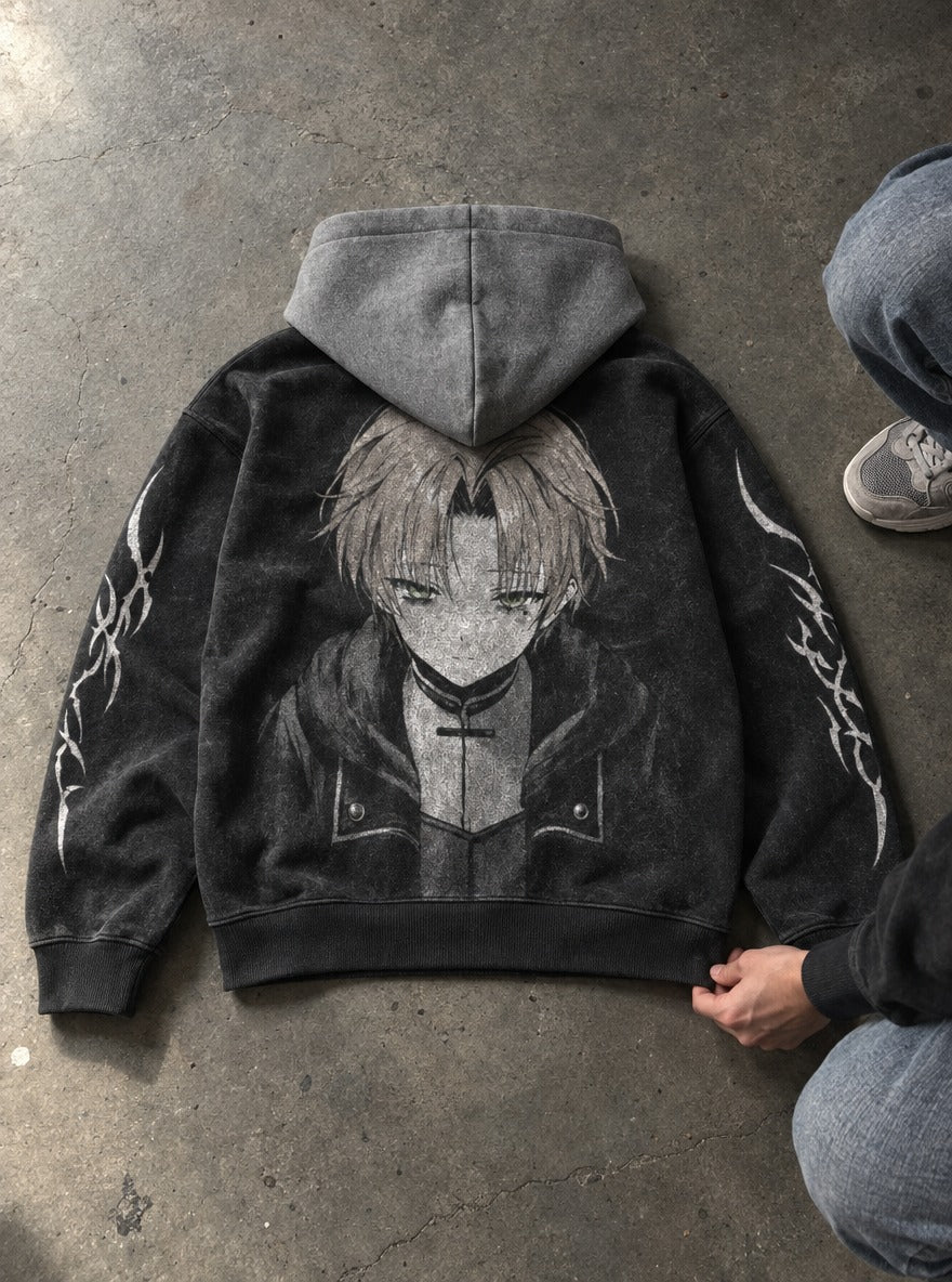 Verdant Hood – Black & Grey Hoodie – flat-lay | Mushoku Tensei