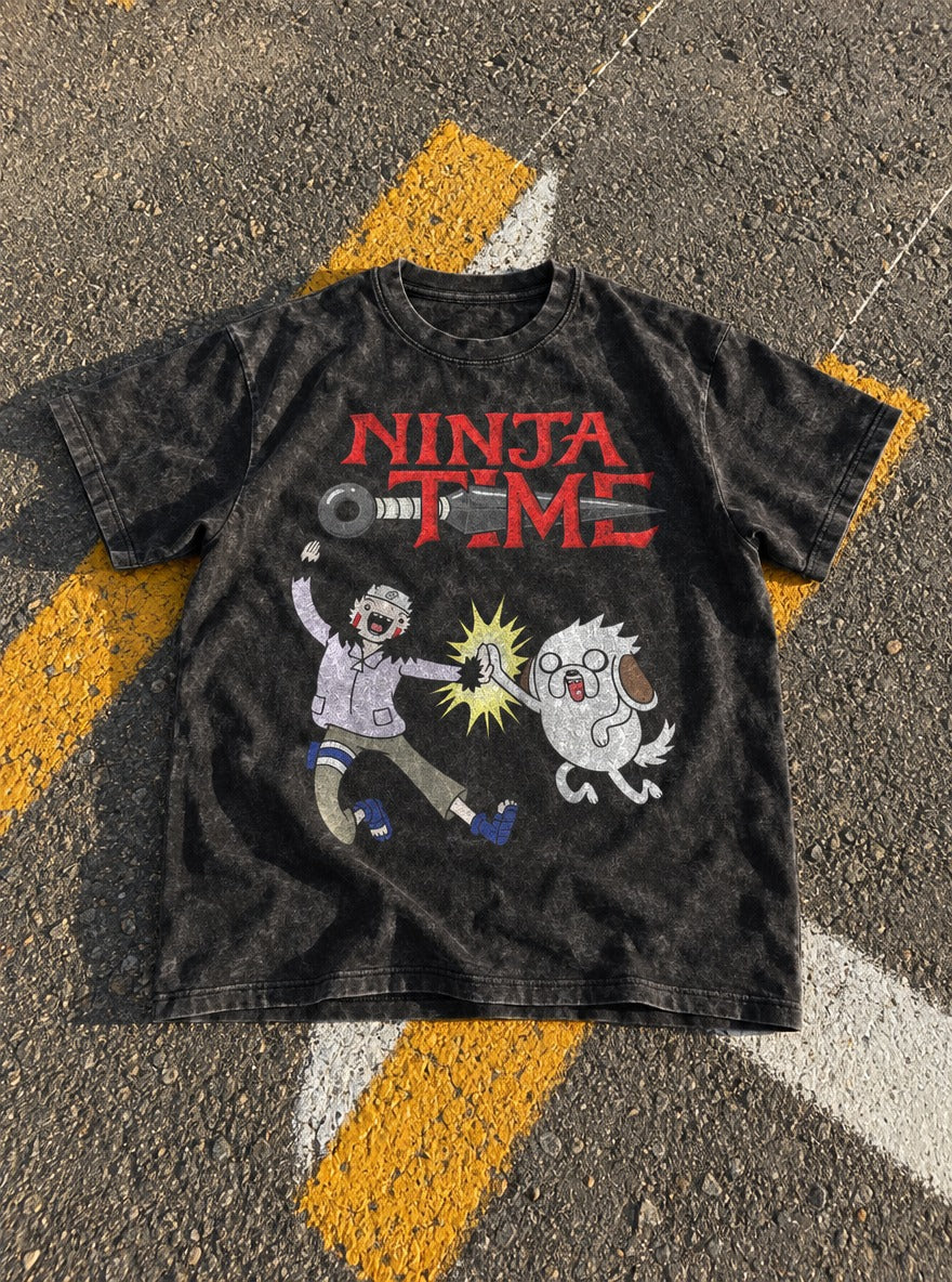 Ninja Time – Black Acid Wash Tee – flat-lay | Meme Tees
