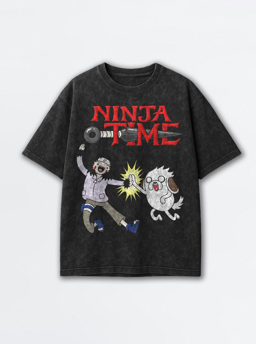 Ninja Time – Black Acid Wash Tee – mockup | Meme Tees