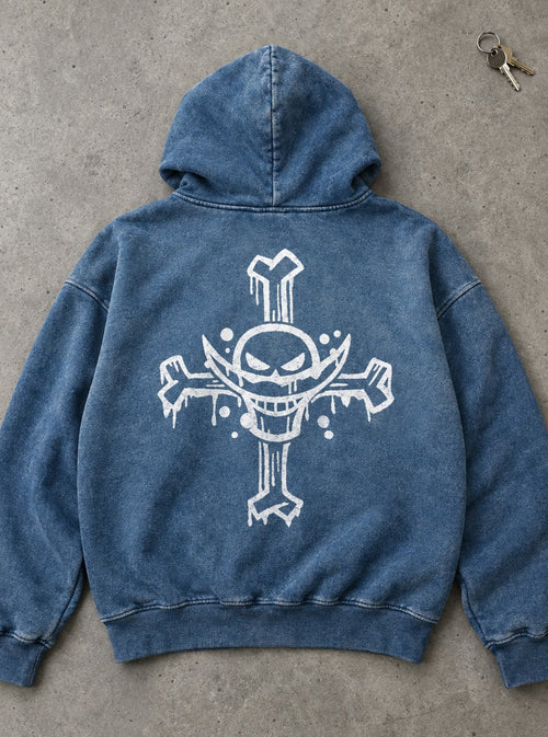 Blue Faded Hoodie – Whitebeard Jolly Roger – flat-lay | One Piece
