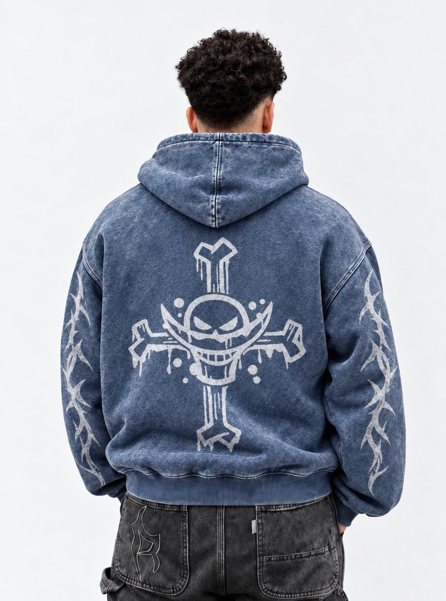 Blue Faded Hoodie – Whitebeard Jolly Roger – model shot | One Piece