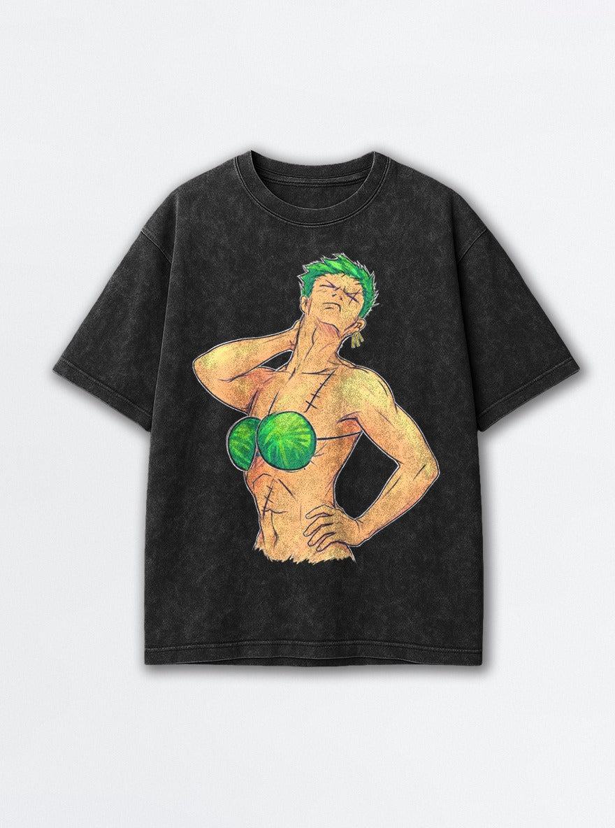 Watermelon Zoro – Black Acid Wash Tee – mockup | One Piece