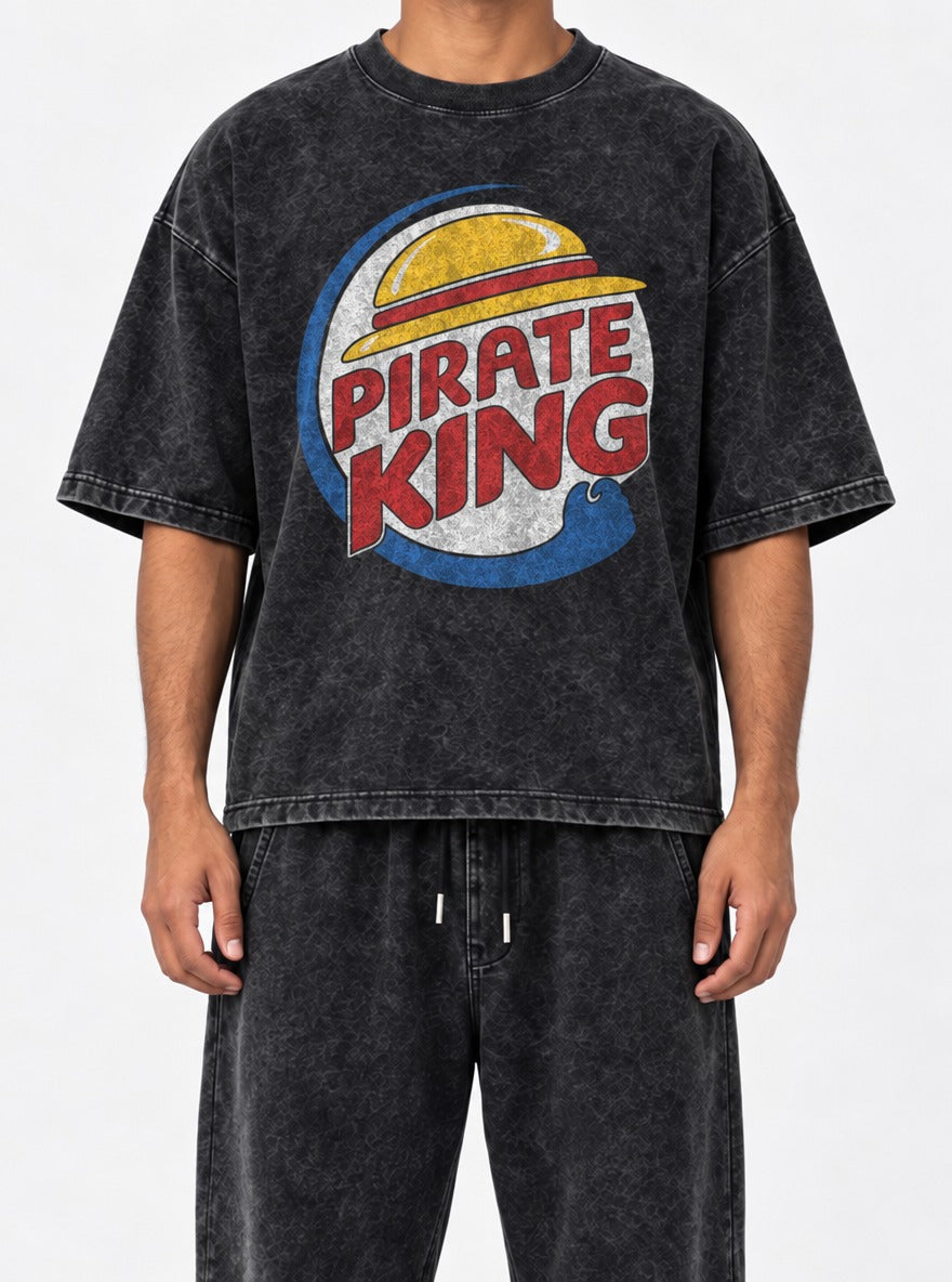 Pirate King – Black Acid Wash Tee – model shot | Meme Tees