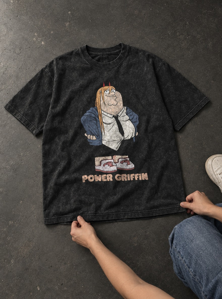 Power Griffin – Black Acid Wash Tee – flat-lay | Meme Tees
