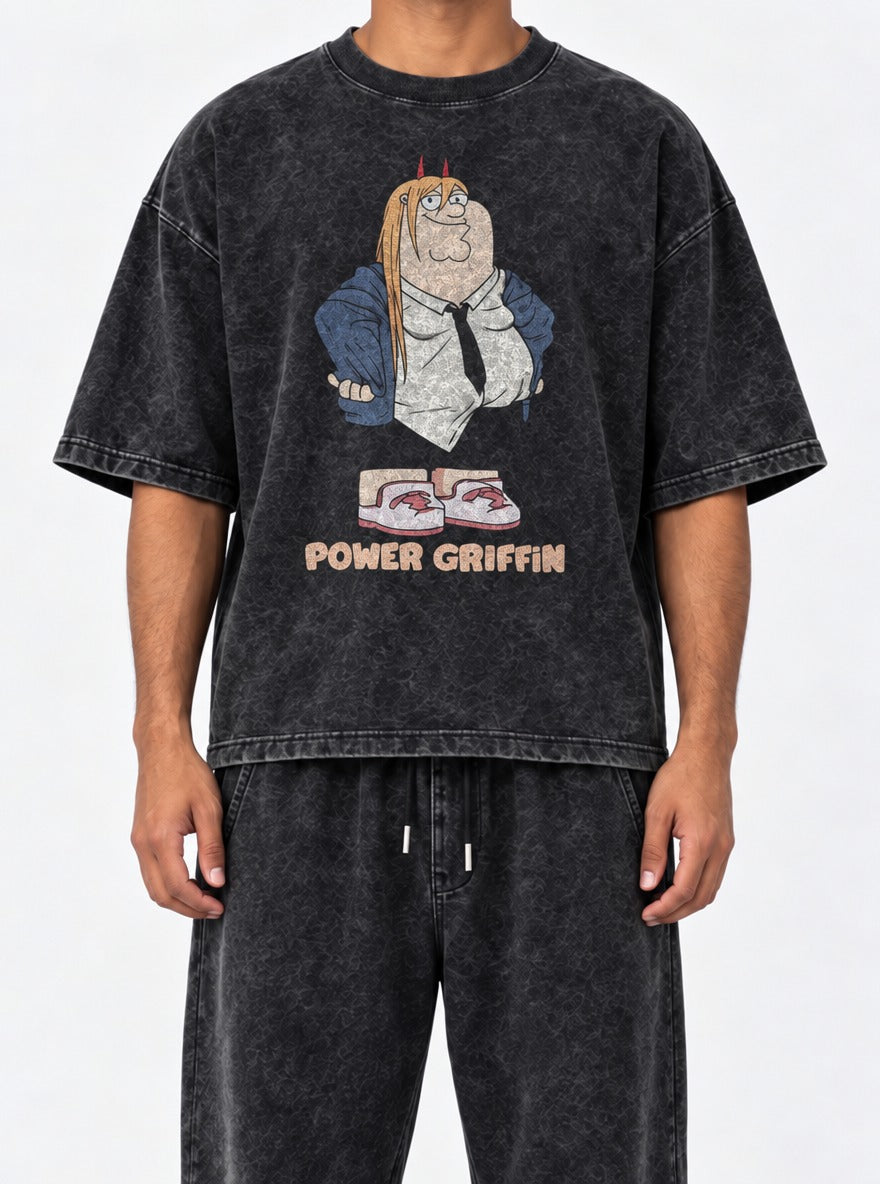 Power Griffin – Black Acid Wash Tee – model shot | Meme Tees