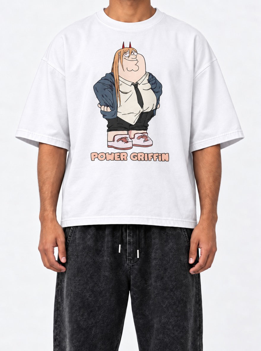 Power Griffin – White Tee – model shot | Meme Tees