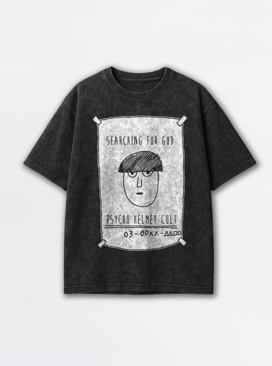 Psycho Helmet Cult – Black Acid Wash Tee – mockup | Meme Tees