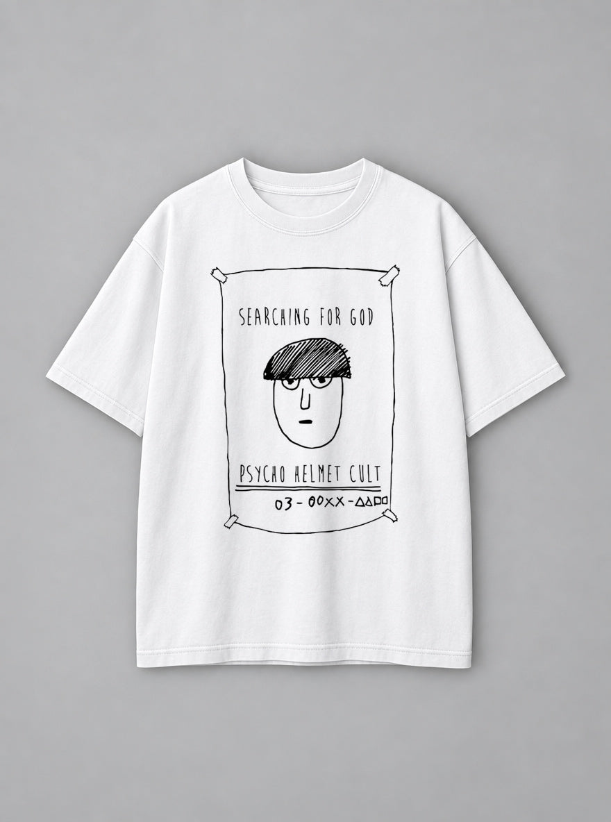 Psycho Helmet Cult – White Tee – mockup | Meme Tees
