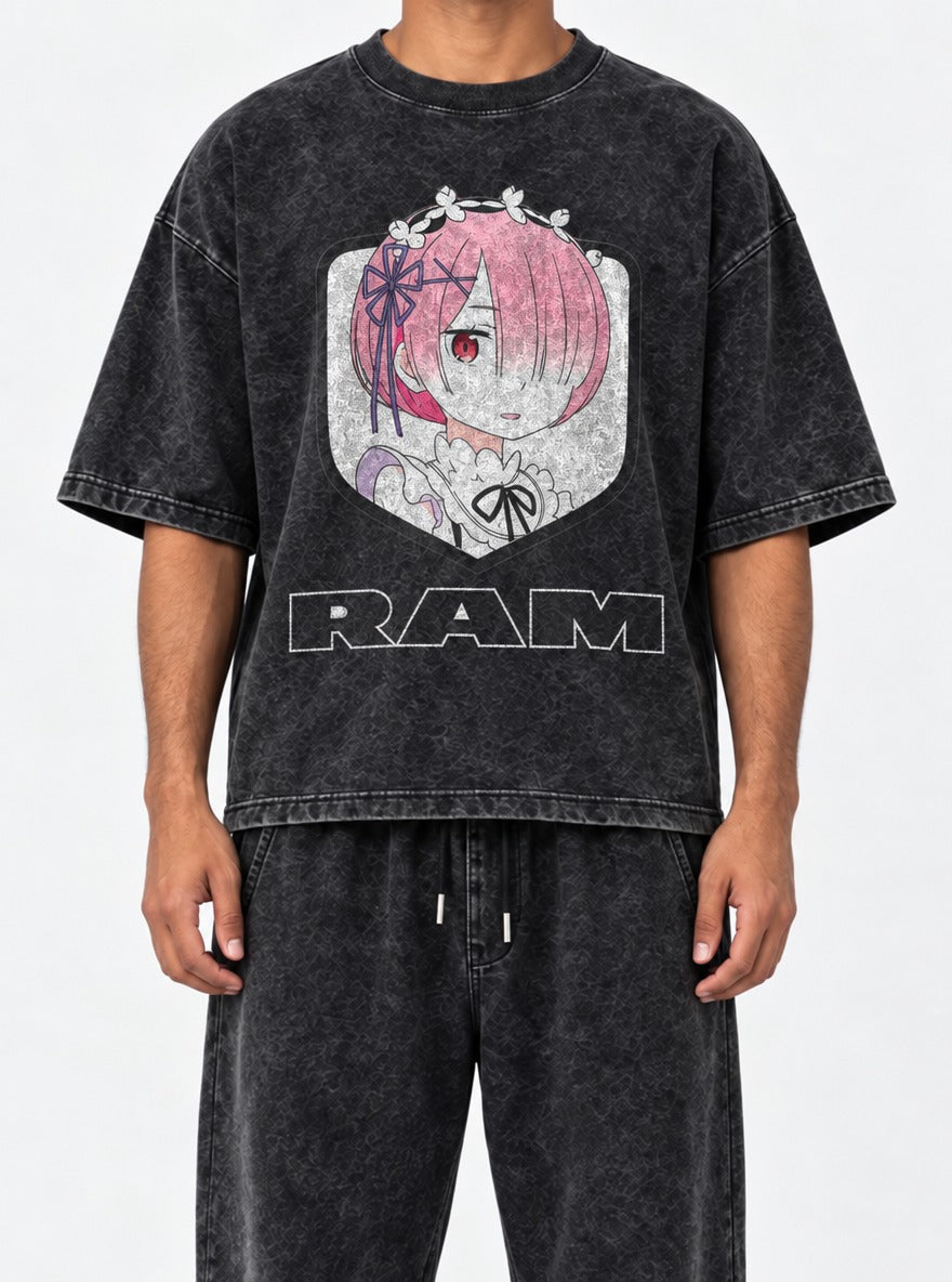 Ram – Black Acid Wash Tee – model shot | Meme Tees