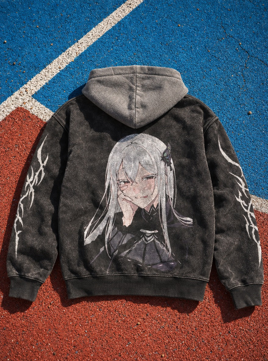 Butterfly Smirk – Black & Grey Hoodie – flat-lay | Re Zero