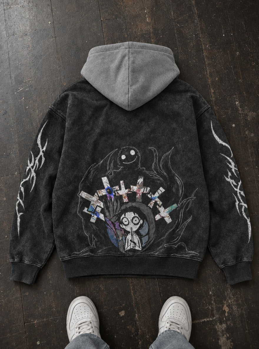 Grinning Shadow – Black & Grey Hoodie – flat-lay | Re Zero