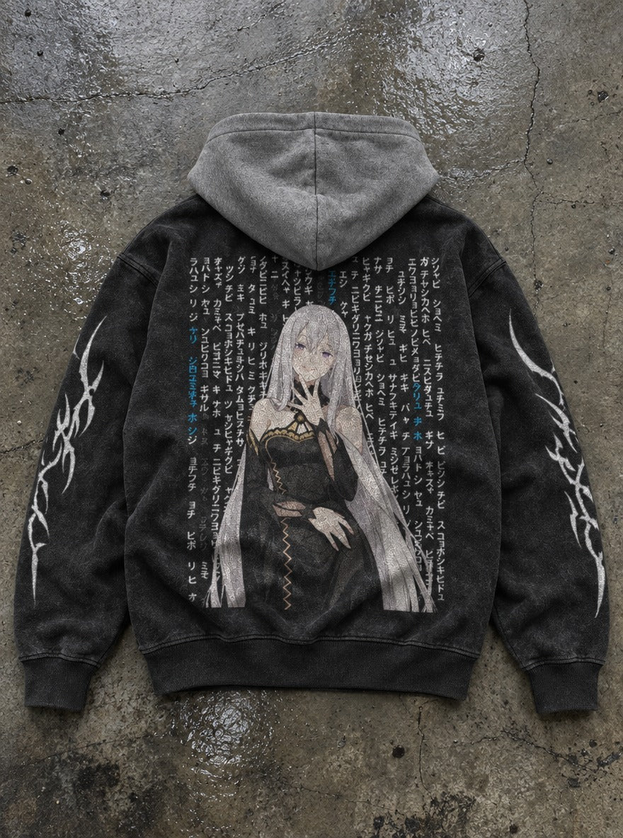 Obsidian Muse – Black & Grey Hoodie – flat-lay | Re Zero