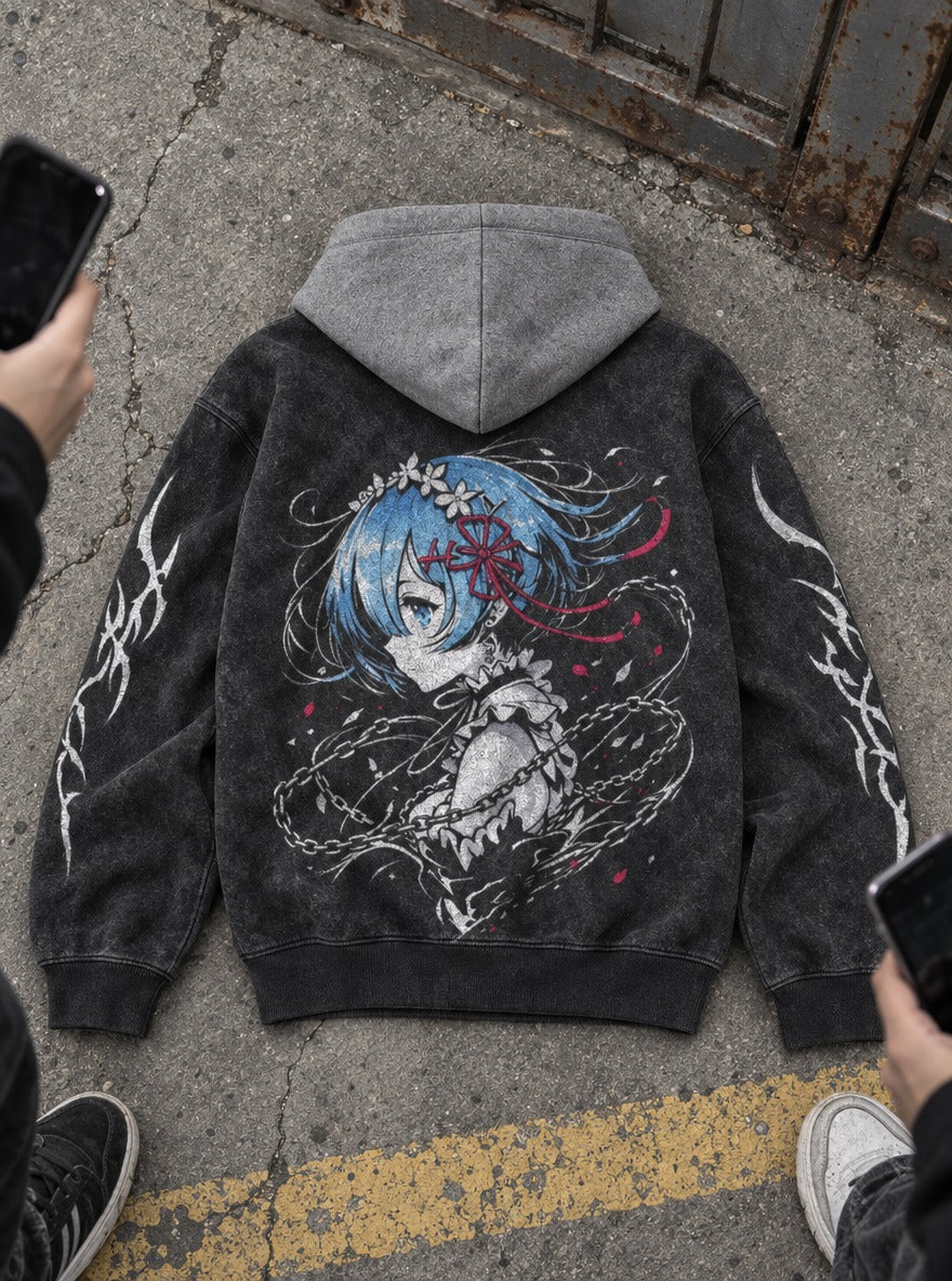 Petal Chains – Black & Grey Hoodie – flat-lay | Re Zero
