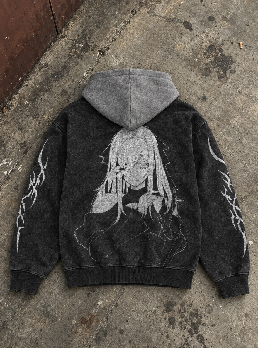 Petal Veil – Black & Grey Hoodie – flat-lay | Re Zero