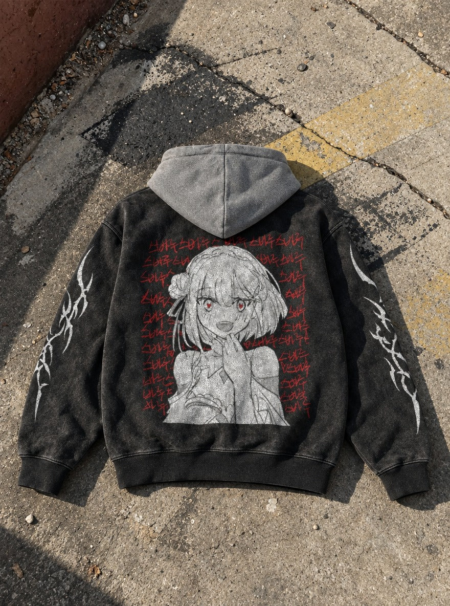 Scribbled Heart – Black & Grey Hoodie – flat-lay | Re Zero