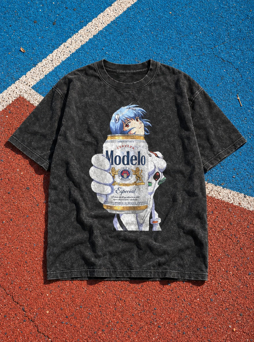 Rei Ayanami Modelo Eva – Black Acid Wash Tee – flat-lay | Meme Tees