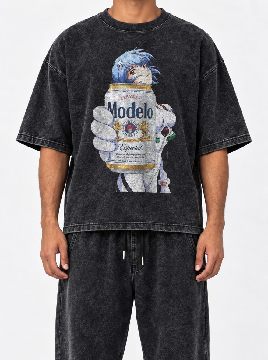 Rei Ayanami Modelo Eva – Black Acid Wash Tee – model shot | Meme Tees