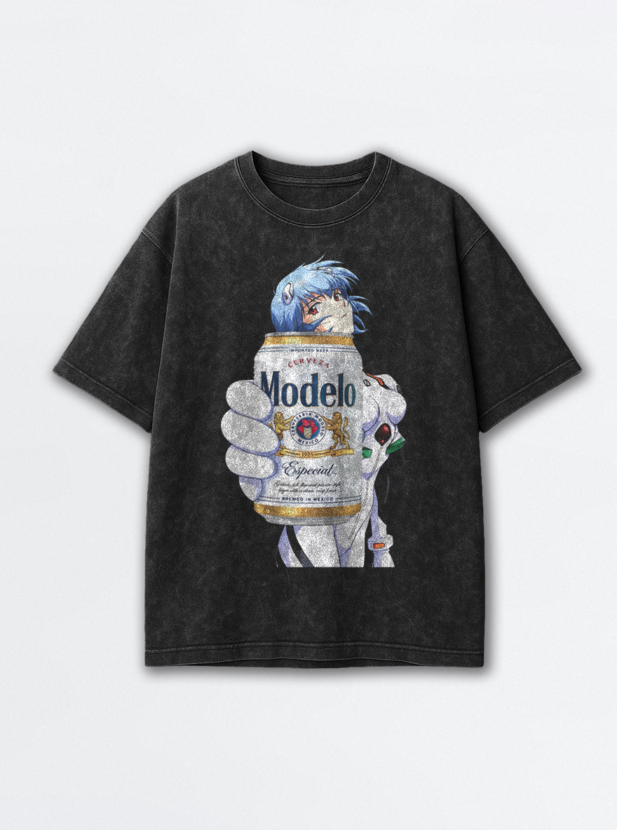 Rei Ayanami Modelo Eva – Black Acid Wash Tee – mockup | Meme Tees