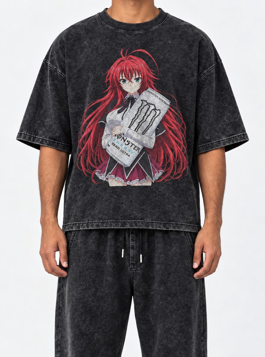 Rias Gremory – Black Acid Wash Tee – model shot | Meme Tees