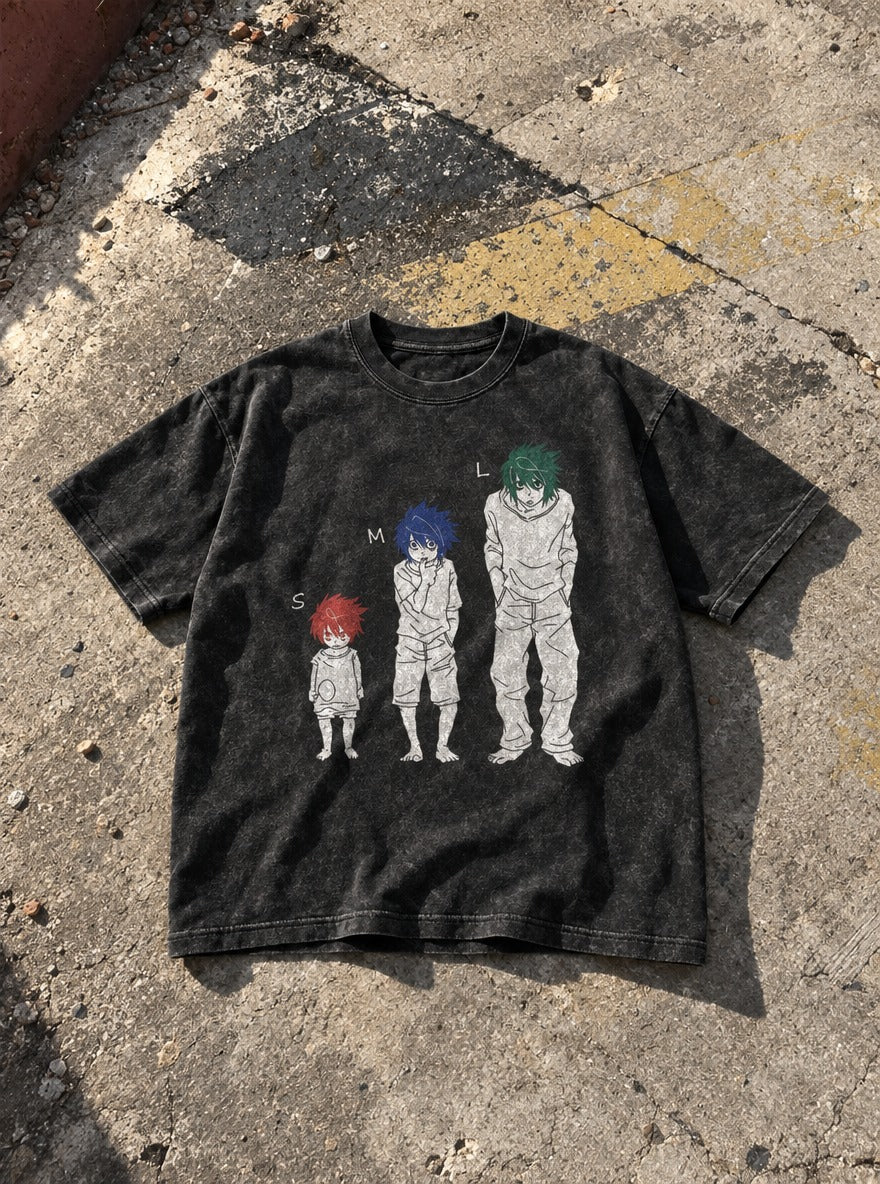 S M L – Black Acid Wash Tee – flat-lay | Meme Tees