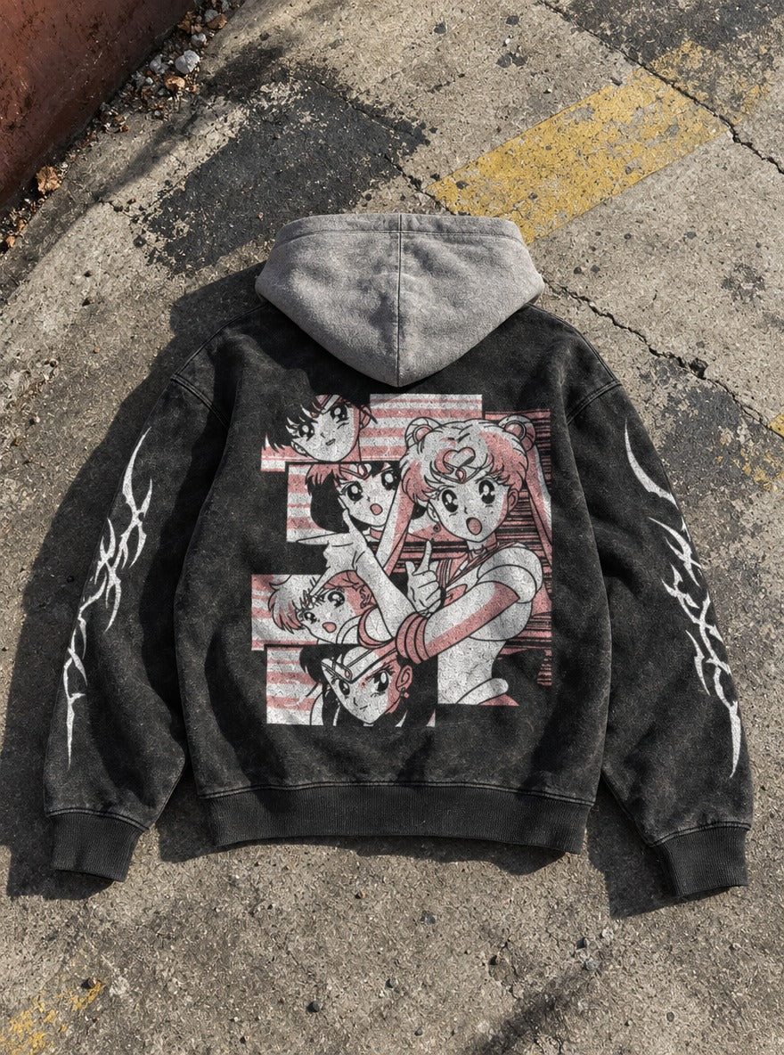 Coral Collage – Black & Grey Hoodie – flat-lay | Sailor Moon