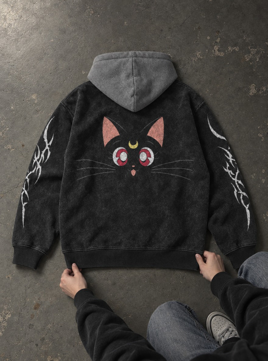 Crescent Cat – Black & Grey Hoodie – flat-lay | Sailor Moon