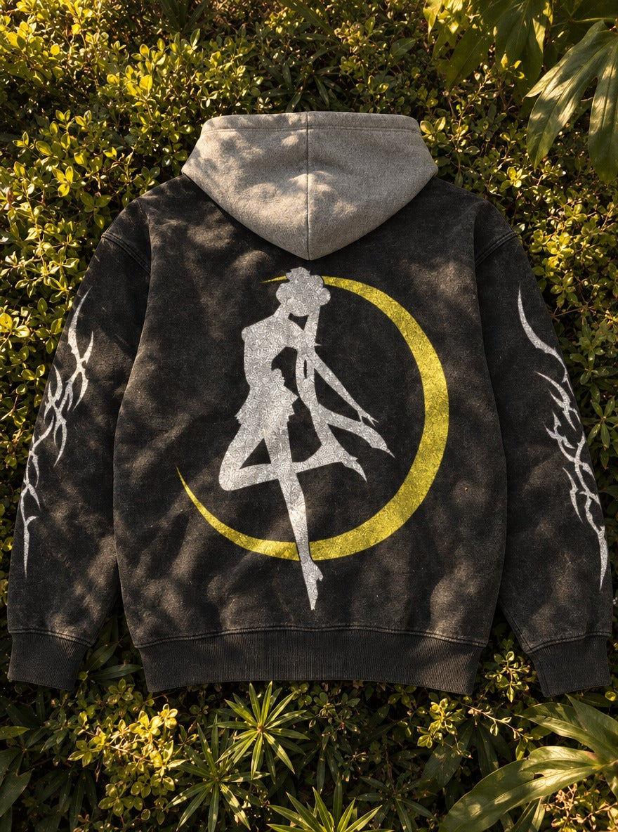 Crescent Perch – Black & Grey Hoodie – flat-lay | Sailor Moon