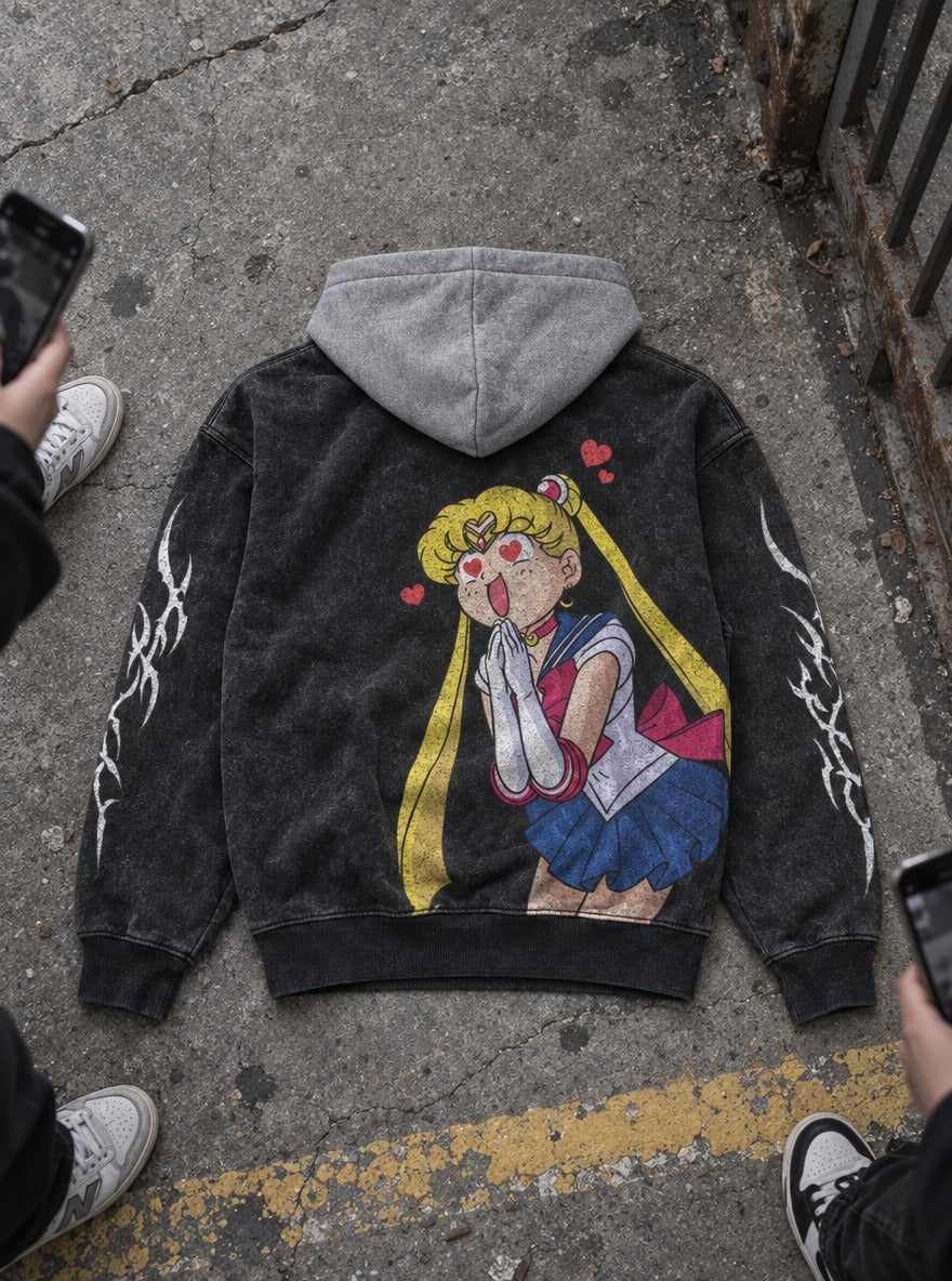 Heart Eyes – Black & Grey Hoodie – flat-lay | Sailor Moon