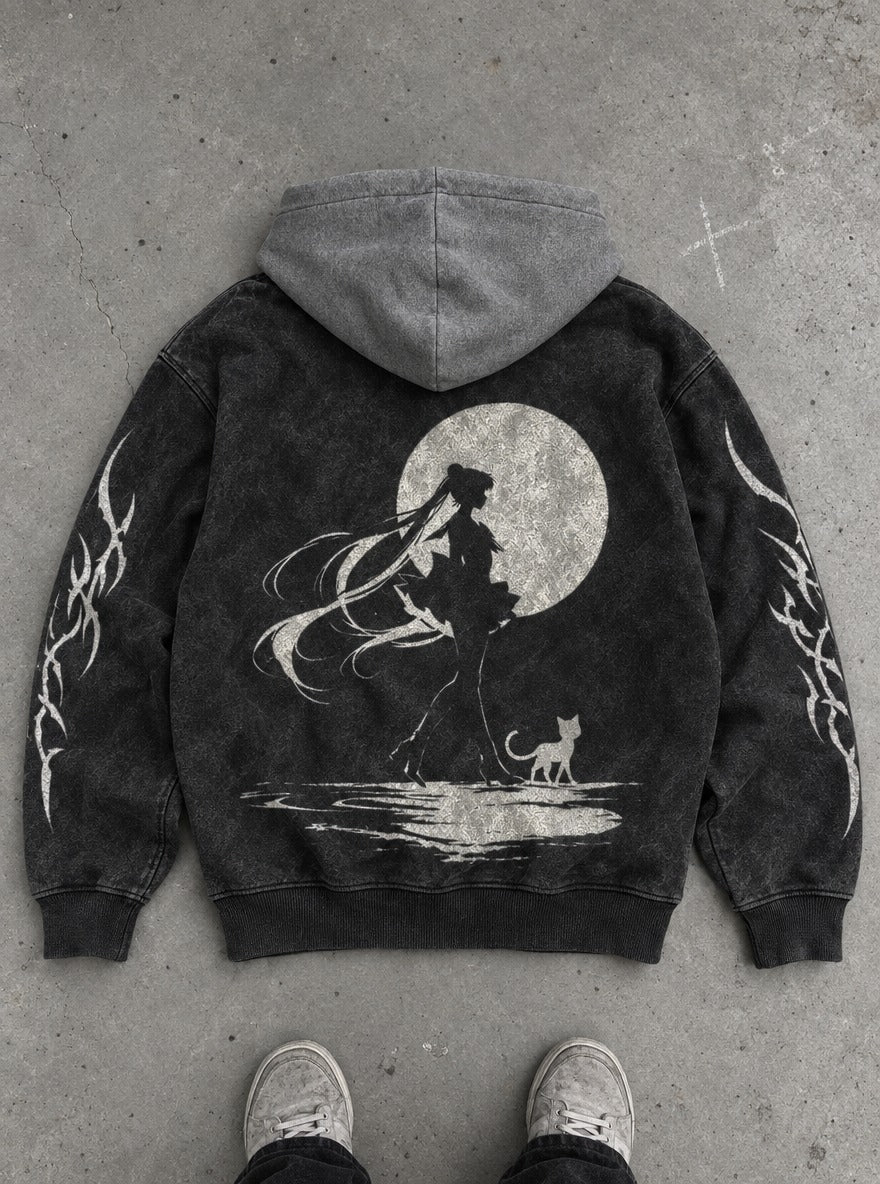 Moonlit Companion – Black & Grey Hoodie – flat-lay | Sailor Moon