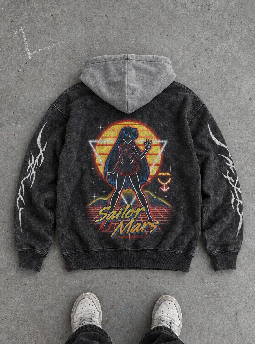 Scarlet Flame – Black & Grey Hoodie – flat-lay | Sailor Moon