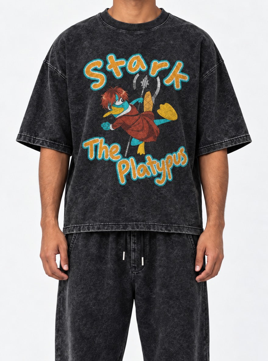 Stark the Platypus – Black Acid Wash Tee – model shot | Meme Tees