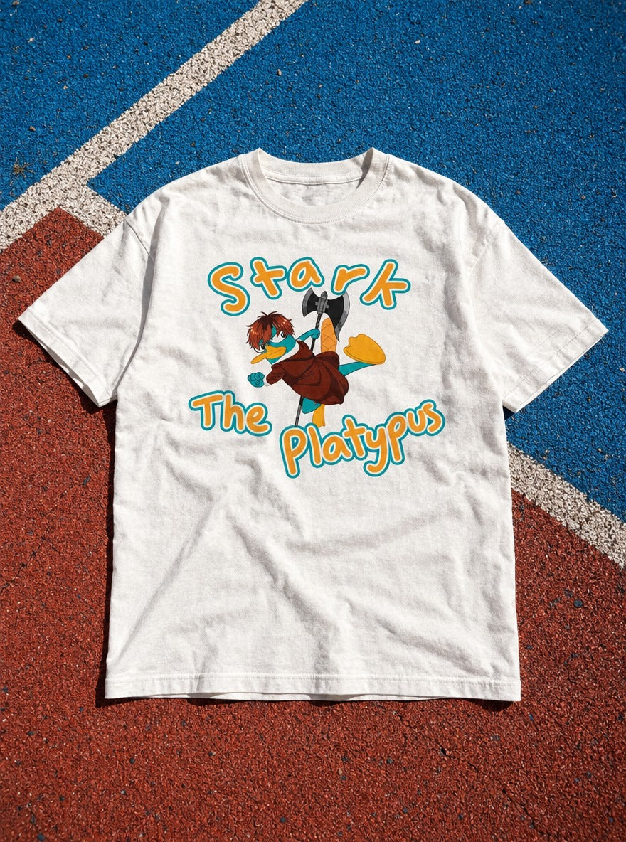 Stark the Platypus – White Tee – flat-lay | Meme Tees
