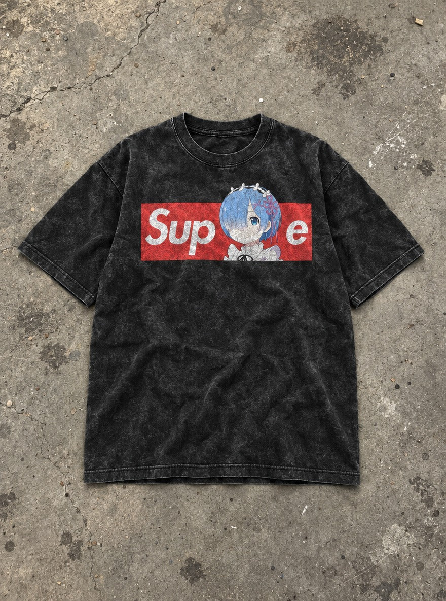 Supreme – Black Acid Wash Tee – flat-lay | Meme Tees