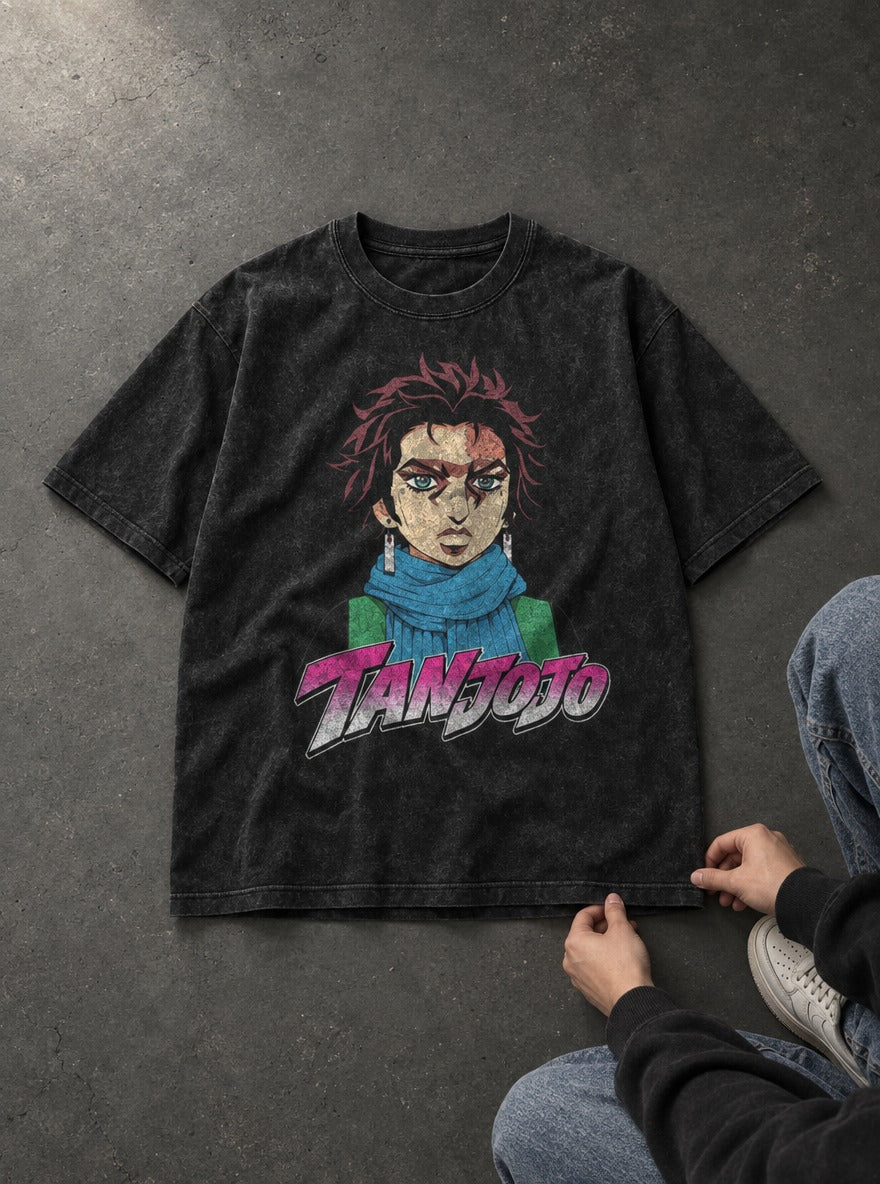 TanJoJo – Black Acid Wash Tee – flat-lay | Meme Tees