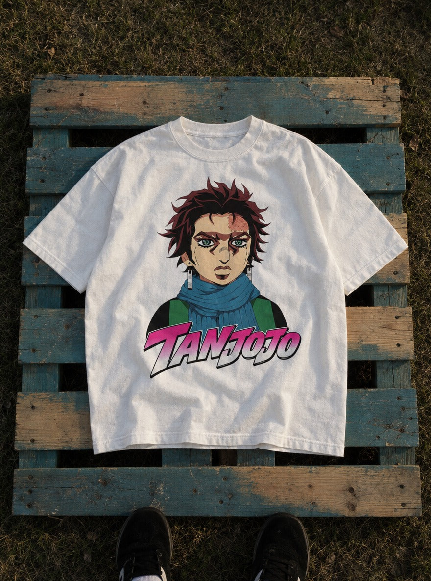 TanJoJo – White Tee – flat-lay | Meme Tees