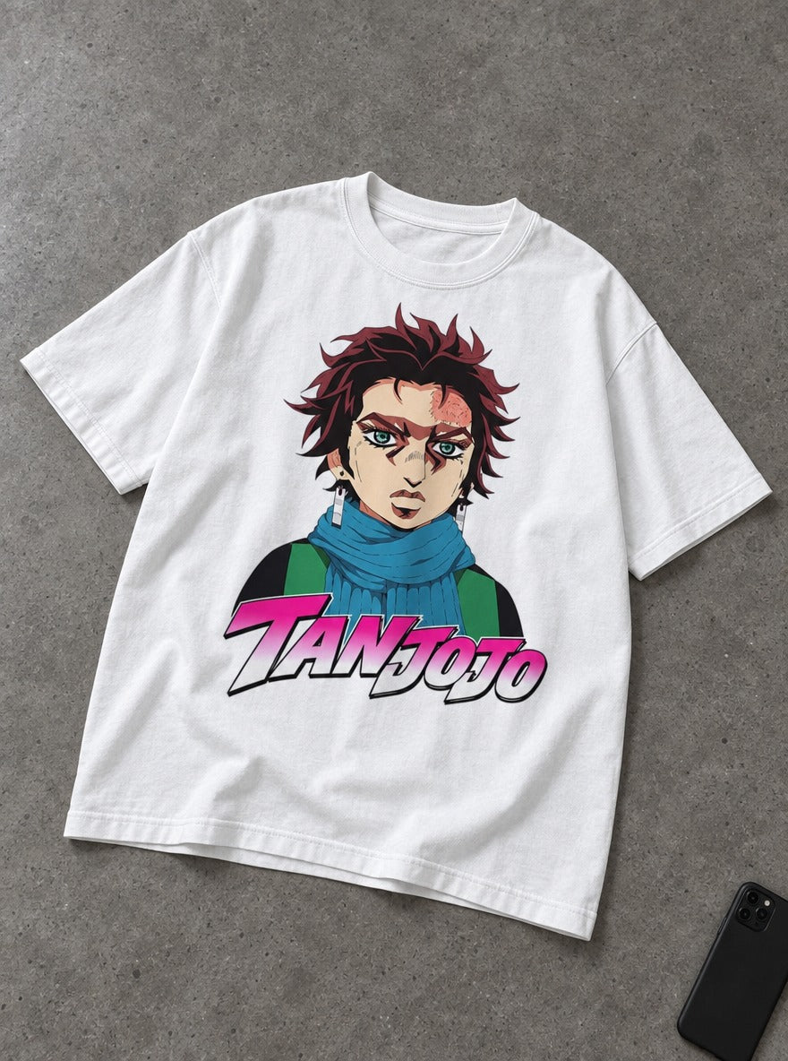 TanJoJo – White Tee – flat-lay | Meme Tees