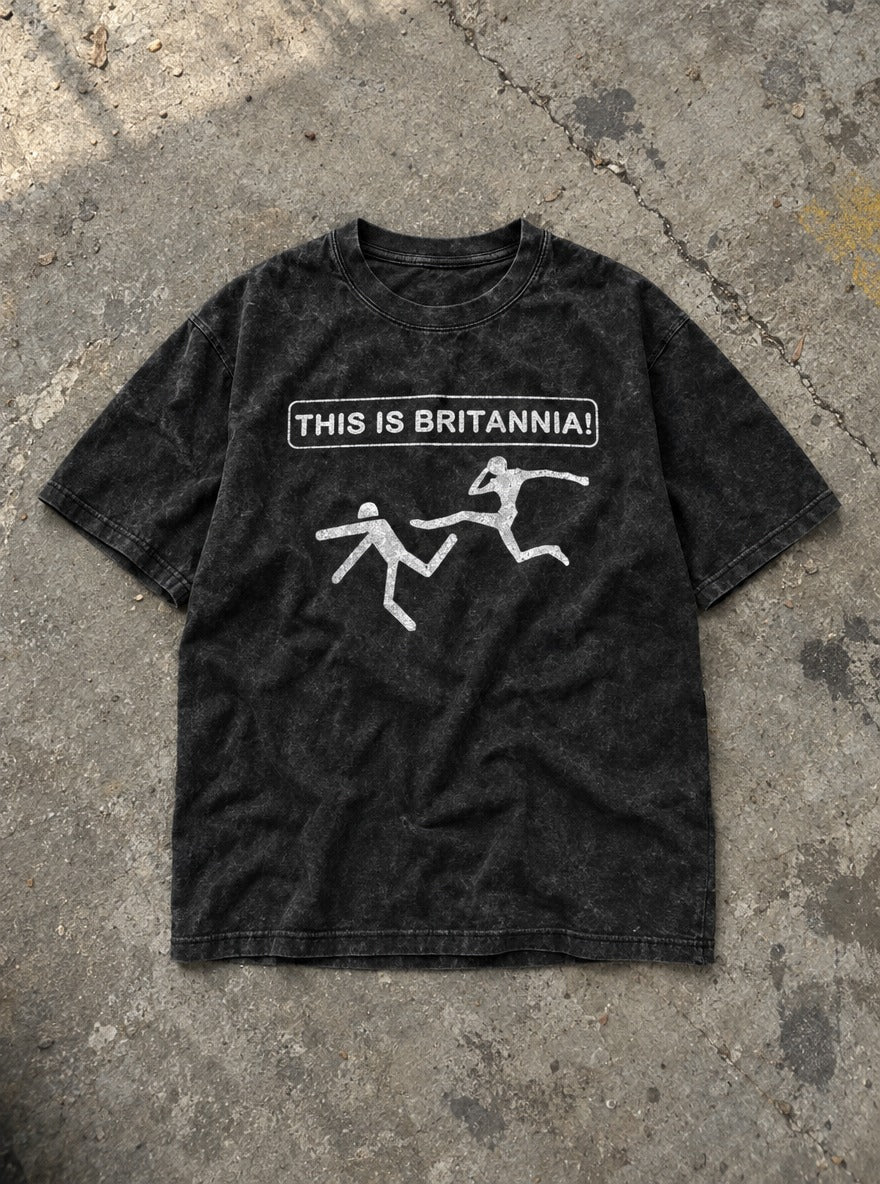 This Is Britannia – Black Acid Wash Tee – flat-lay | Meme Tees