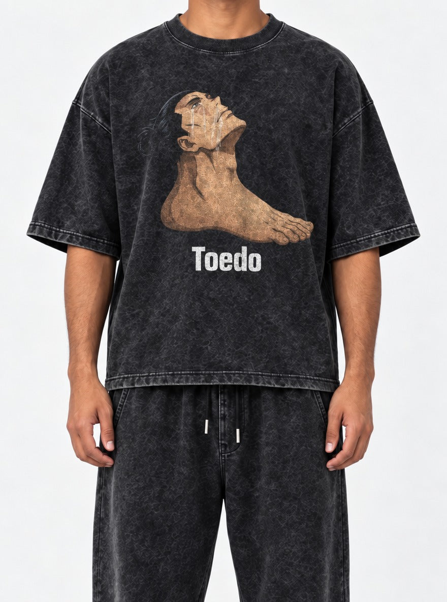 Toe Do – Black Acid Wash Tee – model shot | Meme Tees