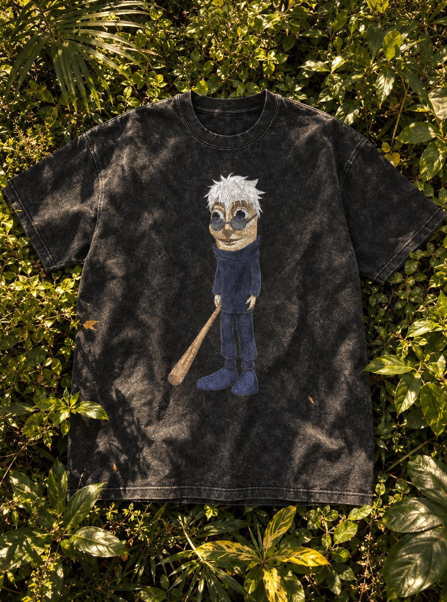 TTT Satoru – Black Acid Wash Tee – flat-lay | Meme Tees