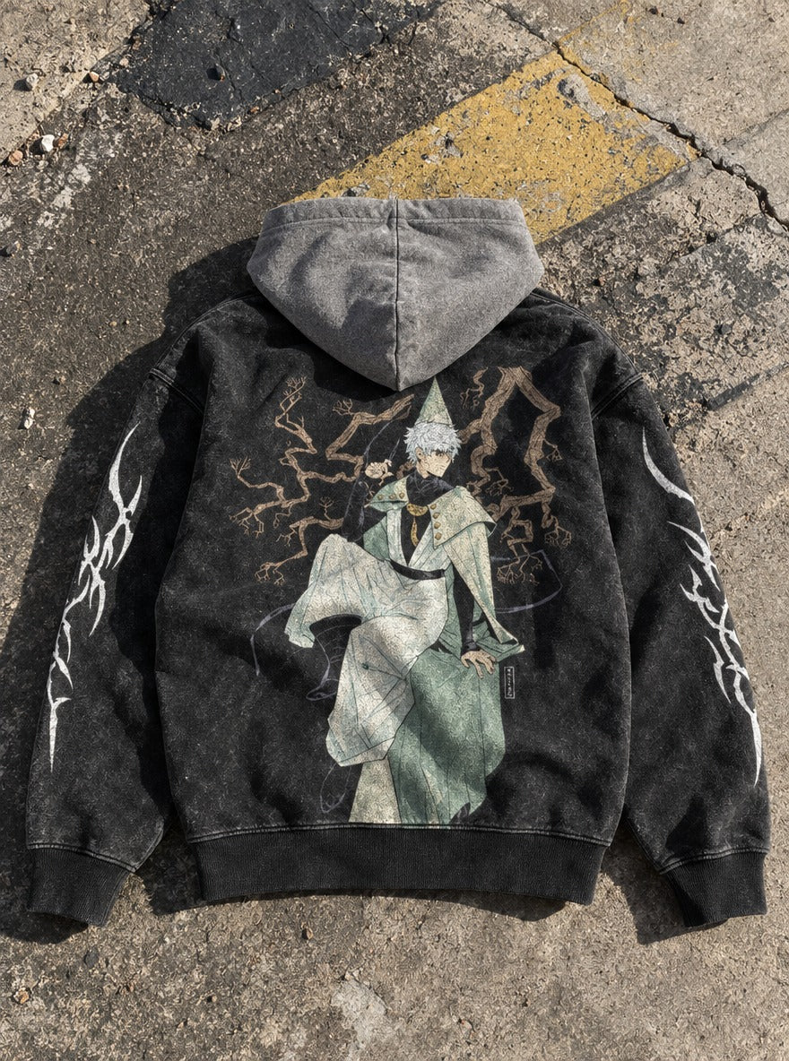Geometric Grove – Black & Grey Hoodie – flat-lay | Witch Hat Atelier