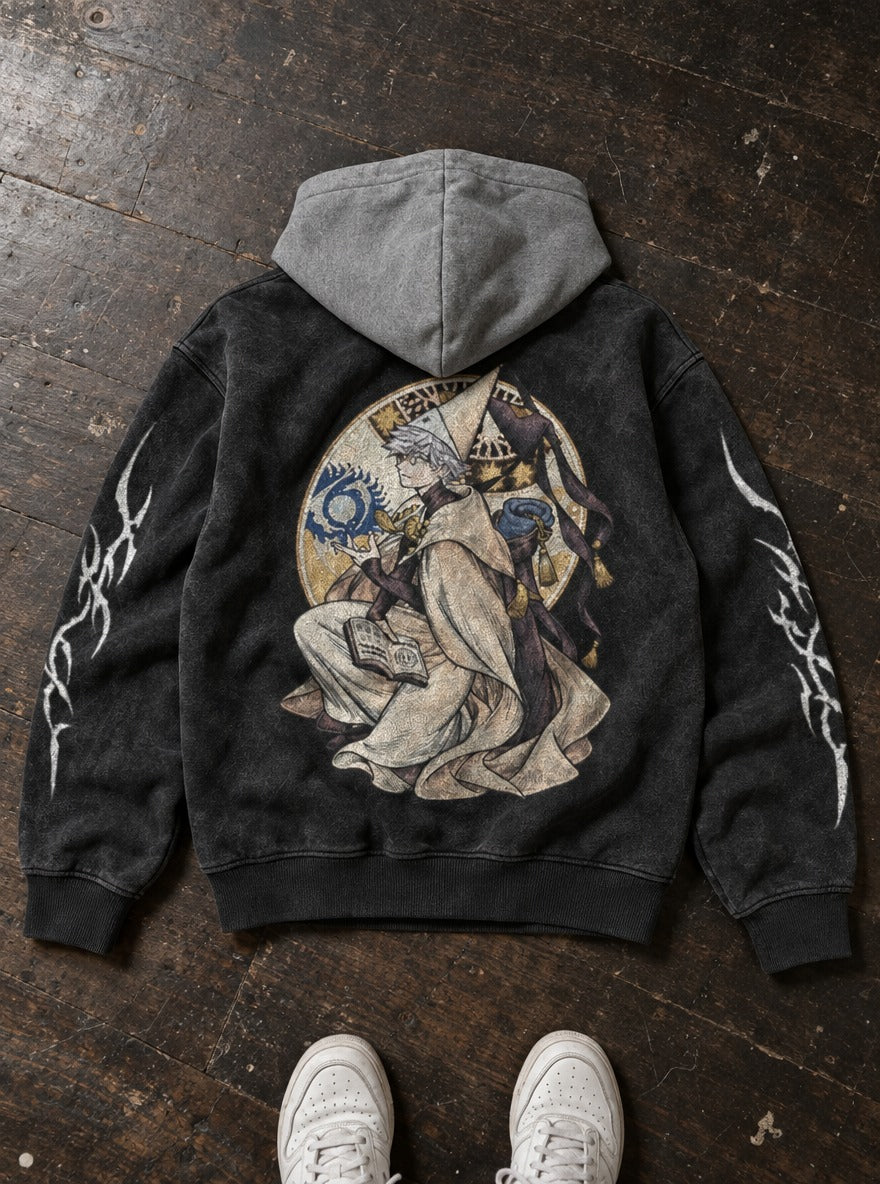Lunar Grimoire – Black & Grey Hoodie – flat-lay | Witch Hat Atelier